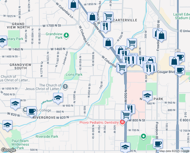 map of restaurants, bars, coffee shops, grocery stores, and more near 779 West 1200 North in Provo