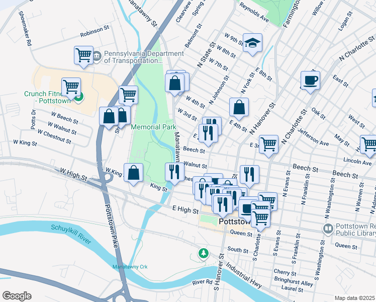 map of restaurants, bars, coffee shops, grocery stores, and more near 22 Beech Street in Pottstown