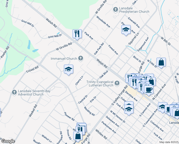 map of restaurants, bars, coffee shops, grocery stores, and more near 1213 Columbia Avenue in Lansdale