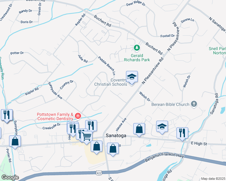 map of restaurants, bars, coffee shops, grocery stores, and more near 524 Sanatoga Village Drive in Pottstown