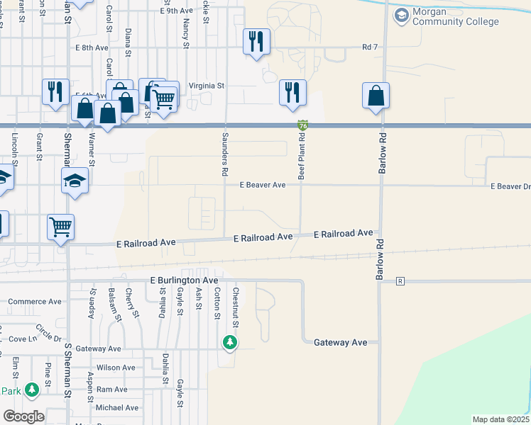 map of restaurants, bars, coffee shops, grocery stores, and more near 1239 East Kiowa Avenue in Fort Morgan