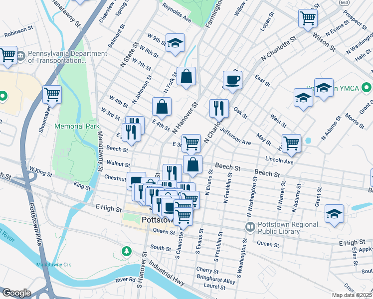 map of restaurants, bars, coffee shops, grocery stores, and more near 237 Beech Street in Pottstown