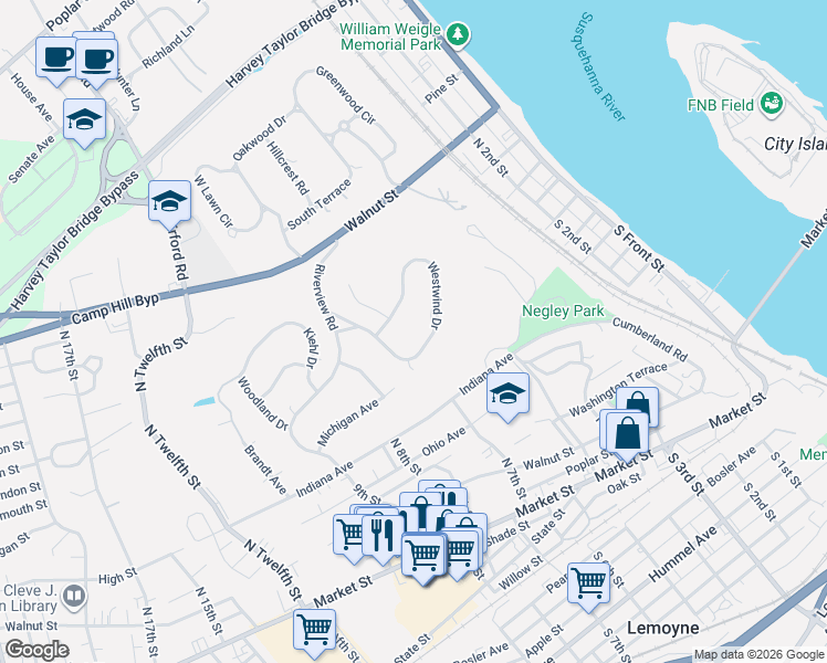map of restaurants, bars, coffee shops, grocery stores, and more near 7 Westwind Drive in Lemoyne