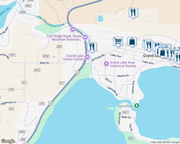 map of restaurants, bars, coffee shops, grocery stores, and more near 605 Lake Front Road in Grand Lake