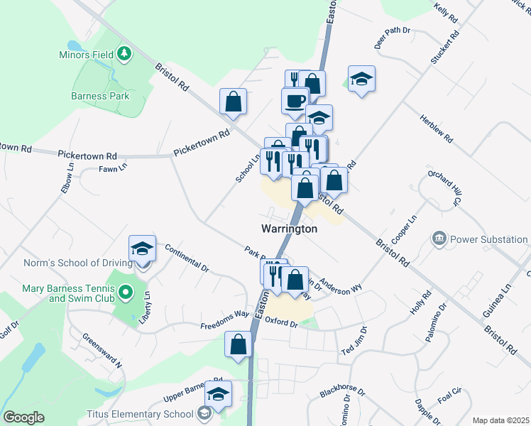 map of restaurants, bars, coffee shops, grocery stores, and more near 402 Feldspar Court in Warrington