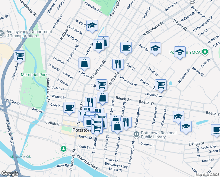 map of restaurants, bars, coffee shops, grocery stores, and more near 218 North Evans Street in Pottstown