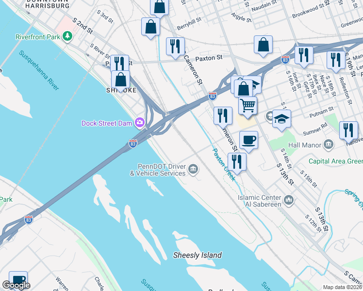 map of restaurants, bars, coffee shops, grocery stores, and more near 957 South Front Street in Harrisburg