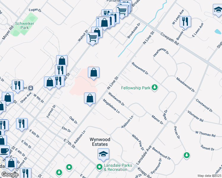 map of restaurants, bars, coffee shops, grocery stores, and more near 1505 North Line Street in Lansdale