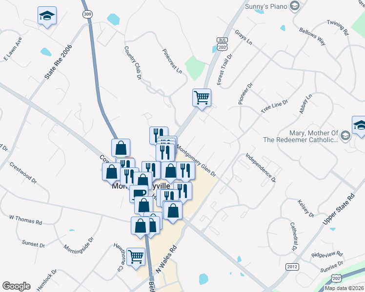 map of restaurants, bars, coffee shops, grocery stores, and more near 100 Ashley Circle in Lansdale
