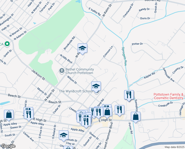 map of restaurants, bars, coffee shops, grocery stores, and more near 1181 Mulberry Street in Pottstown