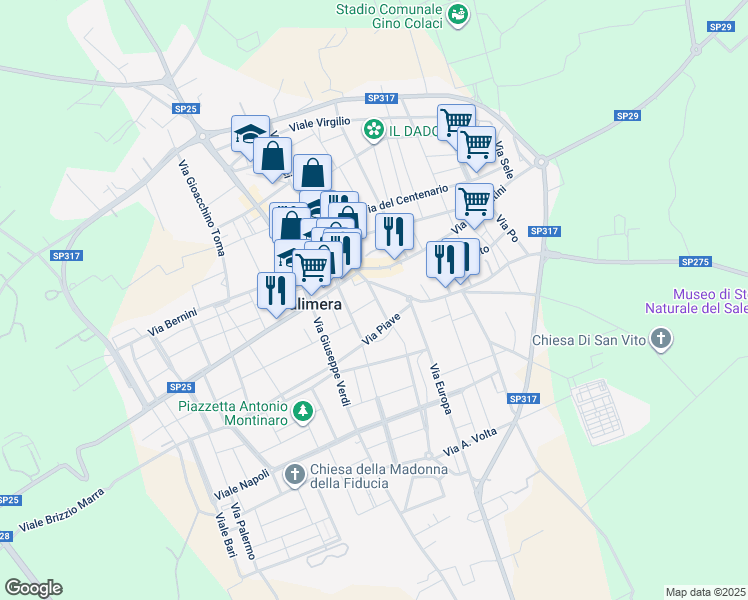 map of restaurants, bars, coffee shops, grocery stores, and more near 27 Via G. Mazzini in Calimera