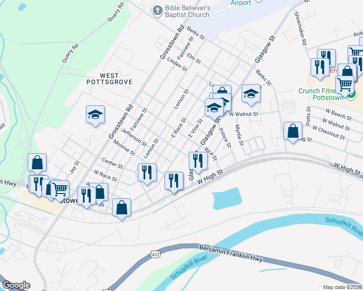 map of restaurants, bars, coffee shops, grocery stores, and more near 313 East Vine Street in Stowe