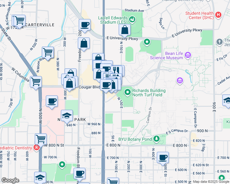 map of restaurants, bars, coffee shops, grocery stores, and more near 1181 North Canyon Road in Provo