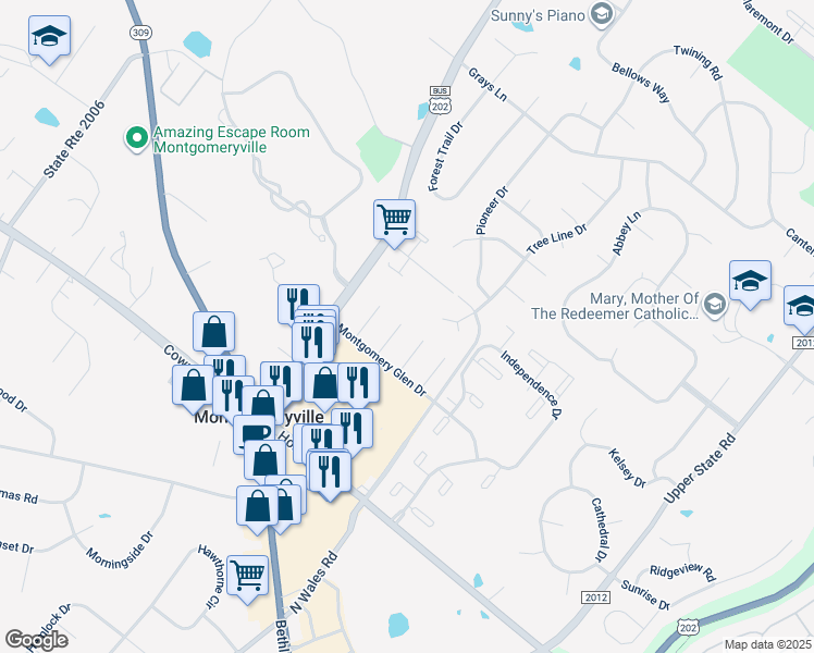 map of restaurants, bars, coffee shops, grocery stores, and more near 116 Coventry Circle in Lansdale