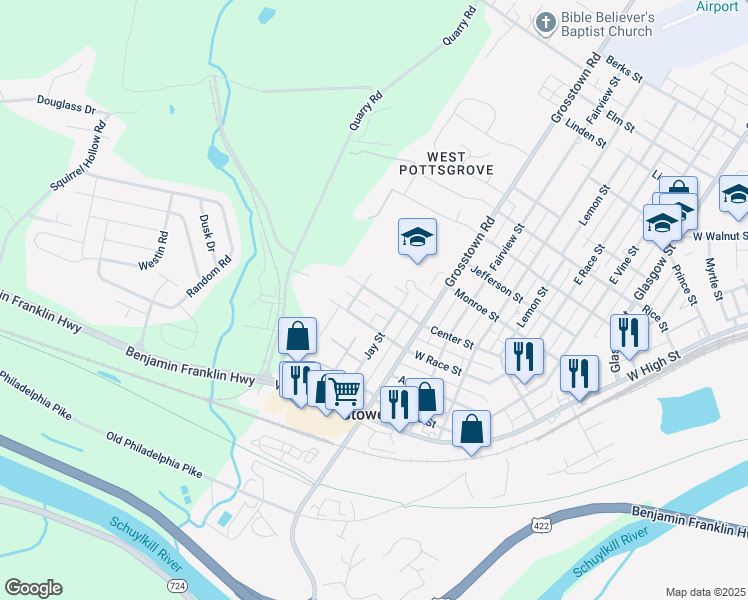 map of restaurants, bars, coffee shops, grocery stores, and more near 722 Center Street in Stowe