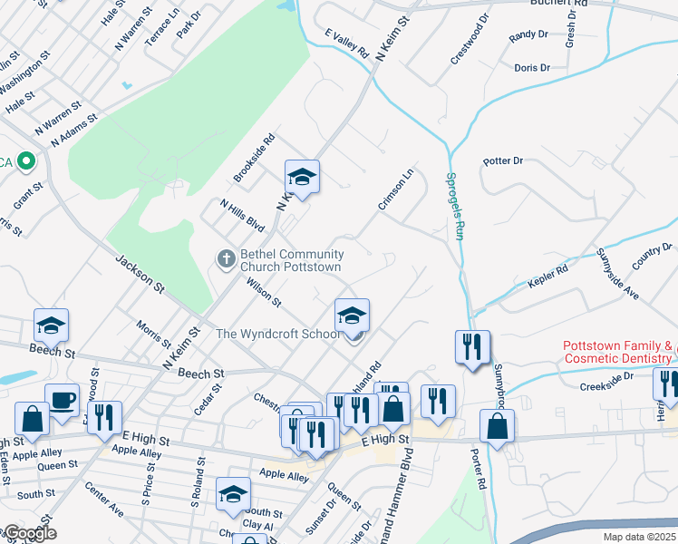 map of restaurants, bars, coffee shops, grocery stores, and more near 1181 Mulberry Street in Pottstown