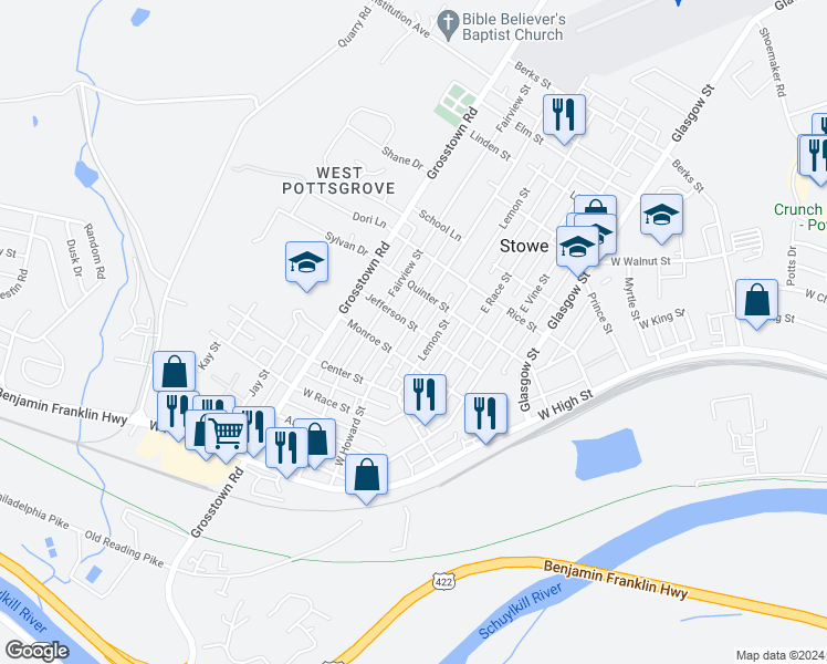 map of restaurants, bars, coffee shops, grocery stores, and more near 120 East Howard Street in Stowe