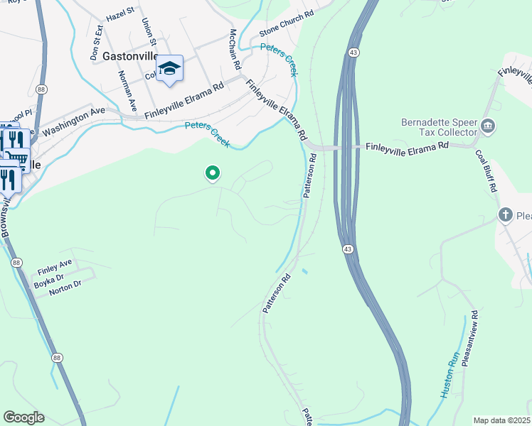 map of restaurants, bars, coffee shops, grocery stores, and more near 16 Fawcett Lane in Finleyville