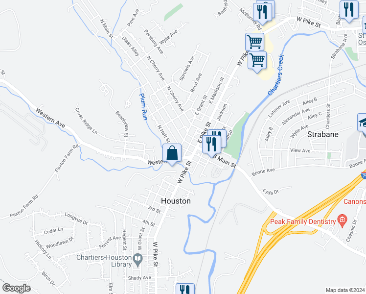 map of restaurants, bars, coffee shops, grocery stores, and more near 11 West Grant Street in Houston