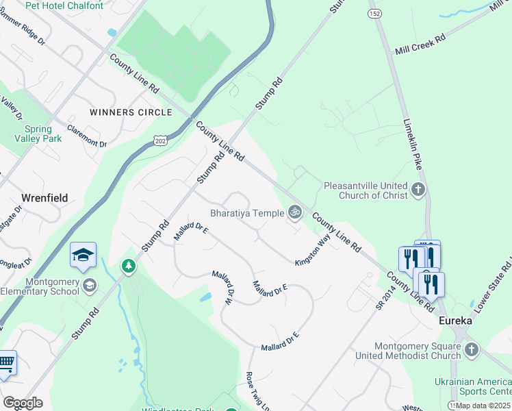 map of restaurants, bars, coffee shops, grocery stores, and more near 113 Bailey Drive in North Wales