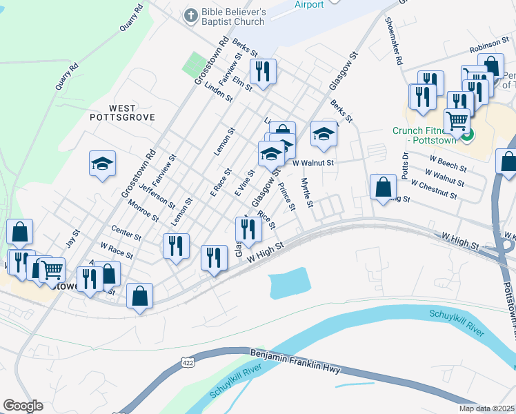 map of restaurants, bars, coffee shops, grocery stores, and more near 404 Glasgow Street in Pottstown