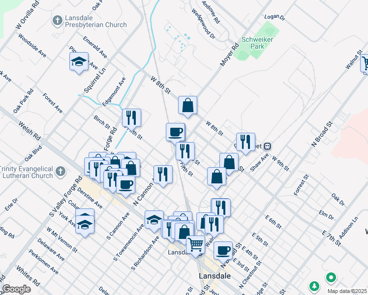 map of restaurants, bars, coffee shops, grocery stores, and more near 609 North Cannon Avenue in Lansdale
