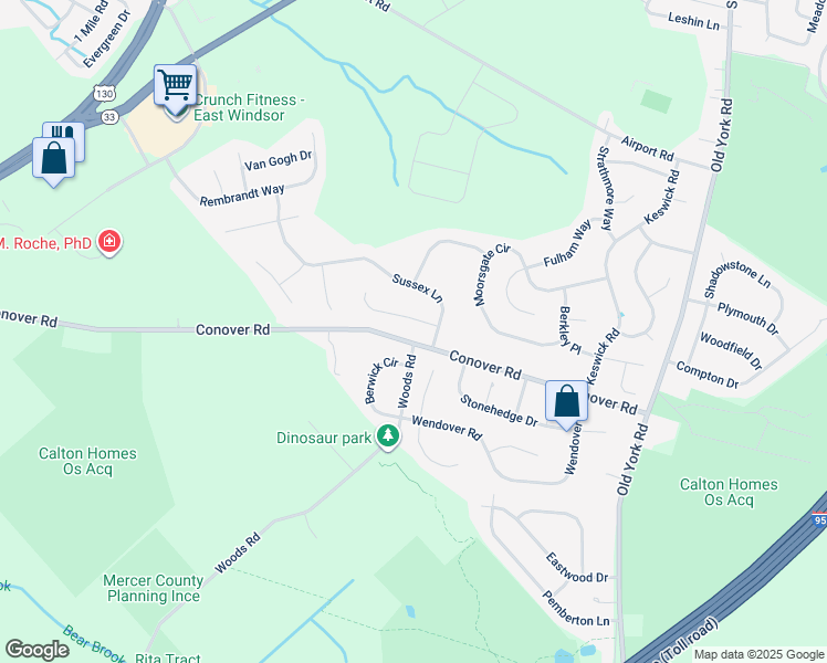 map of restaurants, bars, coffee shops, grocery stores, and more near 257 Conover Road in East Windsor