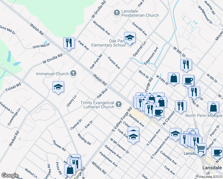 map of restaurants, bars, coffee shops, grocery stores, and more near 1158 West Main Street in Lansdale