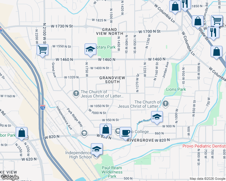 map of restaurants, bars, coffee shops, grocery stores, and more near 1499 West 1150 North Street in Provo