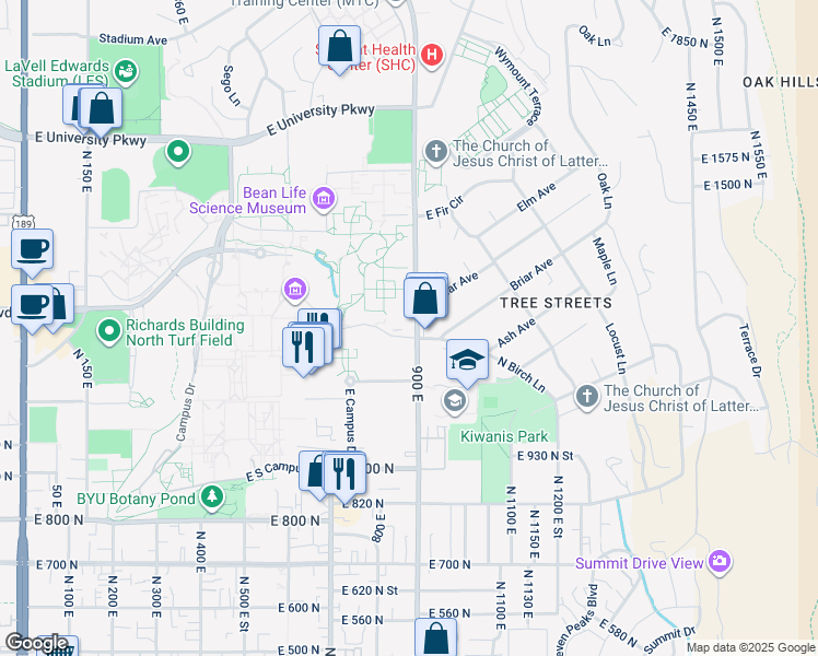 map of restaurants, bars, coffee shops, grocery stores, and more near 1209 900 East in Provo