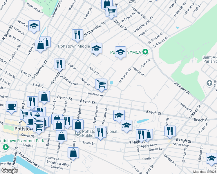 map of restaurants, bars, coffee shops, grocery stores, and more near 340 Warren Street in Pottstown