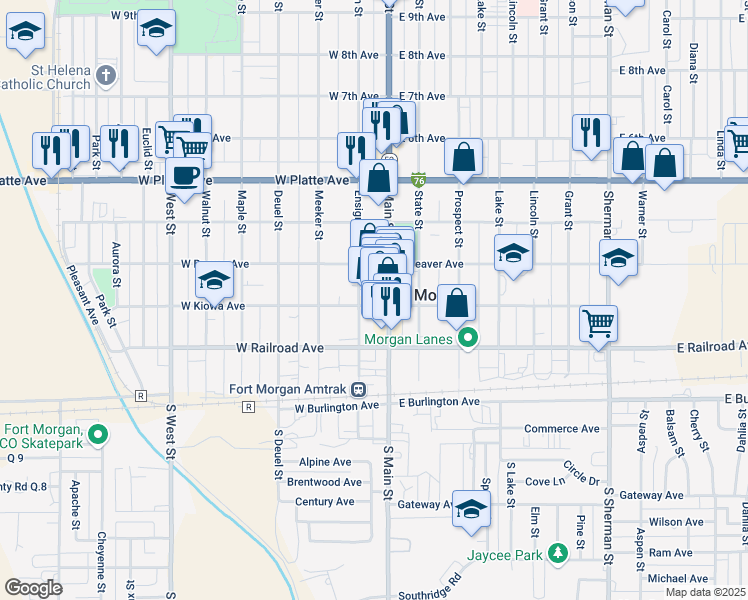 map of restaurants, bars, coffee shops, grocery stores, and more near 227 Main Street in Fort Morgan