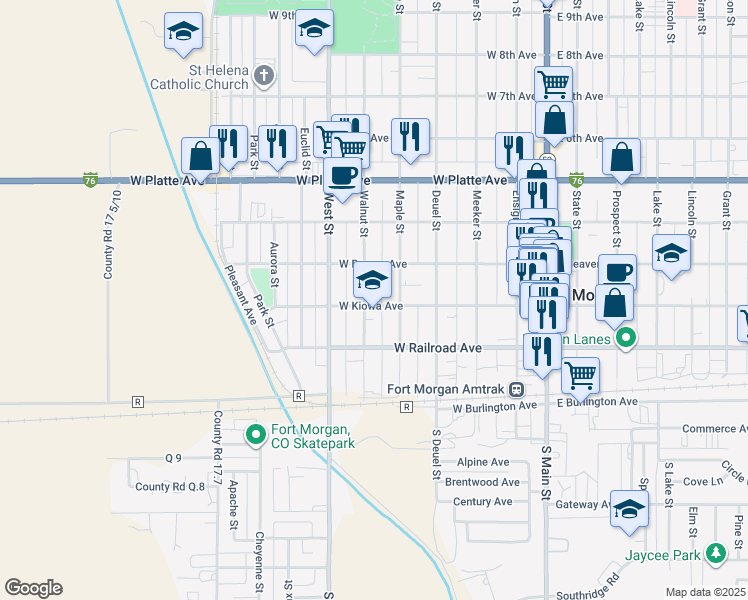 map of restaurants, bars, coffee shops, grocery stores, and more near 230 Walnut Street in Fort Morgan