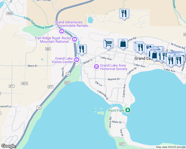 map of restaurants, bars, coffee shops, grocery stores, and more near 302 Lakeside Drive in Grand Lake