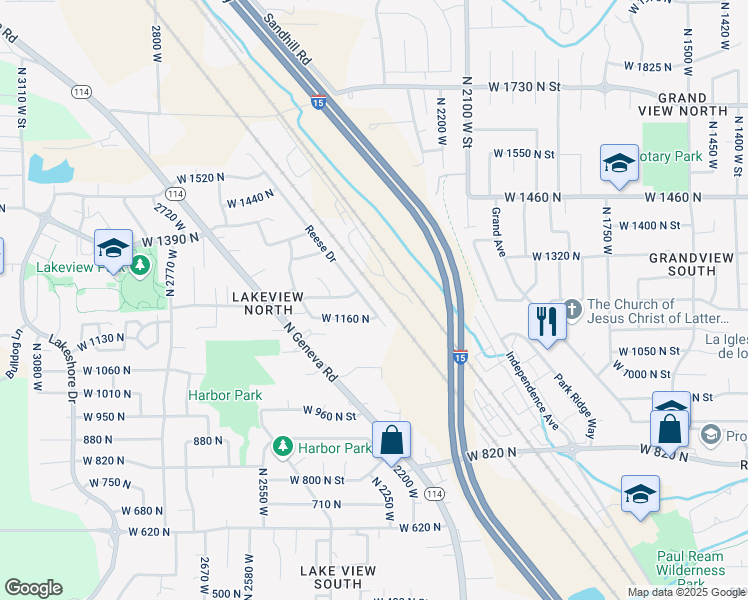map of restaurants, bars, coffee shops, grocery stores, and more near 2358 West 1160 North in Provo