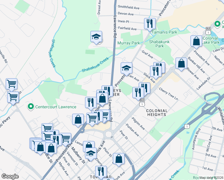 map of restaurants, bars, coffee shops, grocery stores, and more near in Lawrence Township