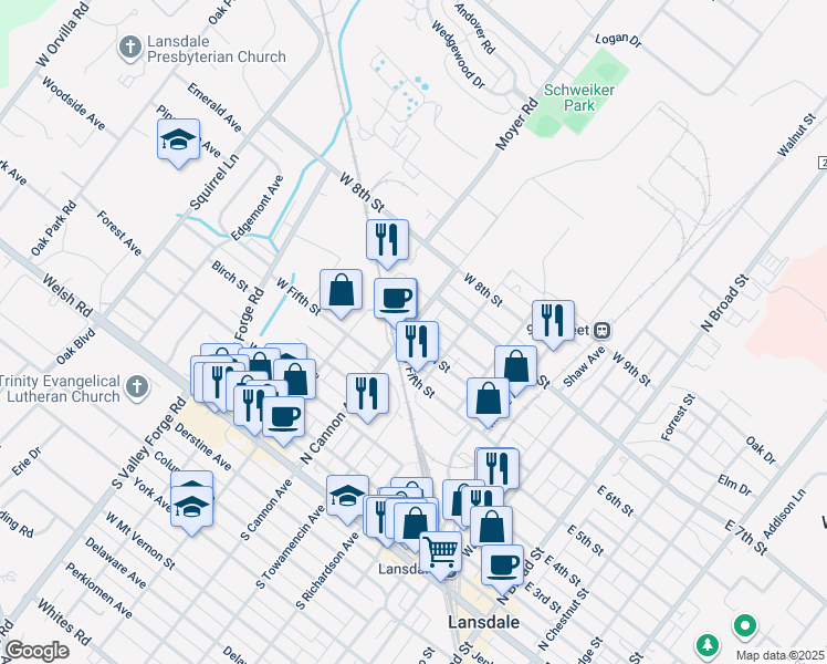 map of restaurants, bars, coffee shops, grocery stores, and more near 609 North Cannon Avenue in Lansdale