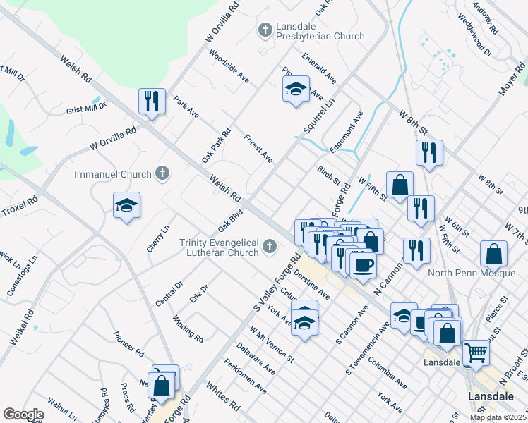 map of restaurants, bars, coffee shops, grocery stores, and more near 1021 Main Street in Lansdale