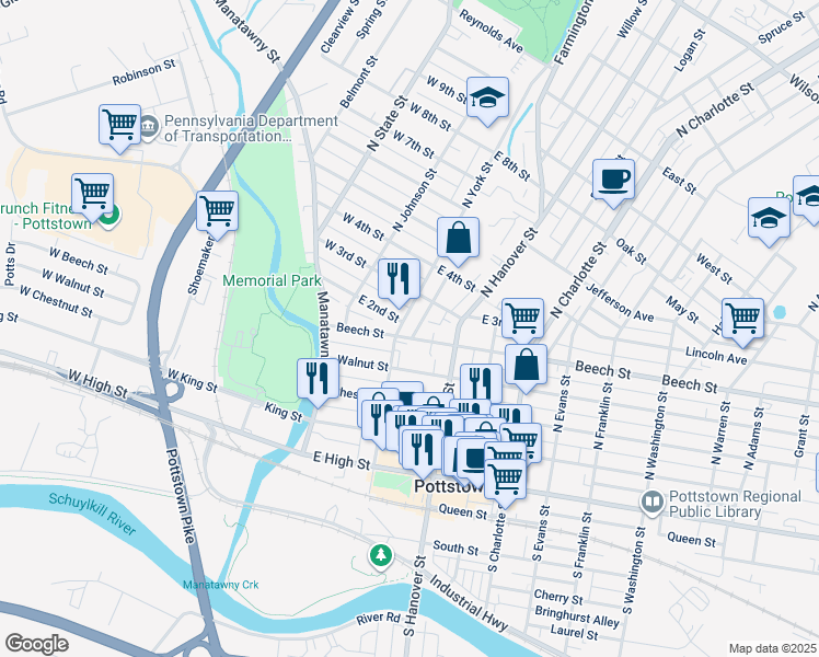 map of restaurants, bars, coffee shops, grocery stores, and more near 126 Beech Street in Pottstown