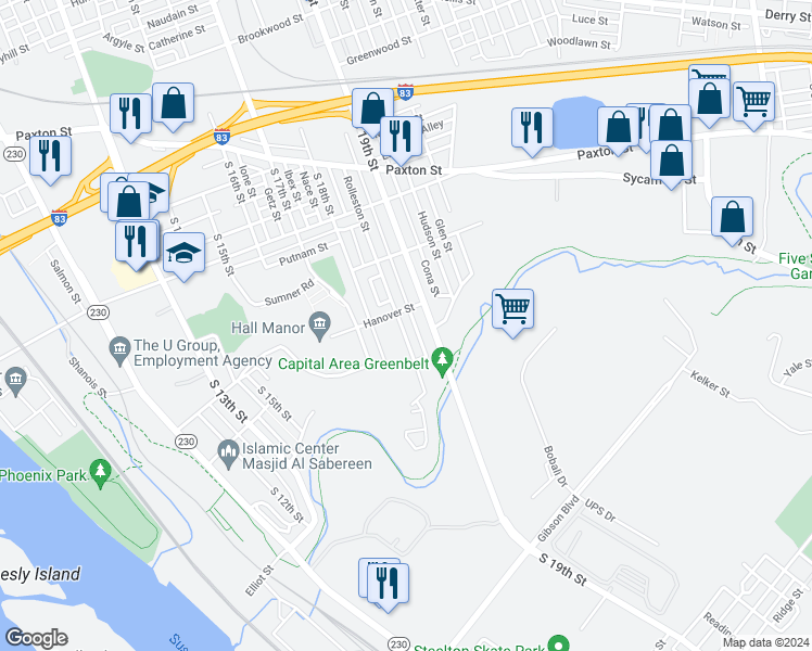 map of restaurants, bars, coffee shops, grocery stores, and more near 1315 Rolleston Street in Harrisburg