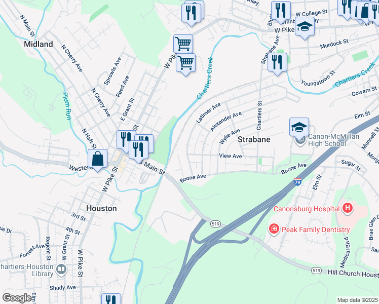 map of restaurants, bars, coffee shops, grocery stores, and more near 108 1/2 View Avenue in Strabane