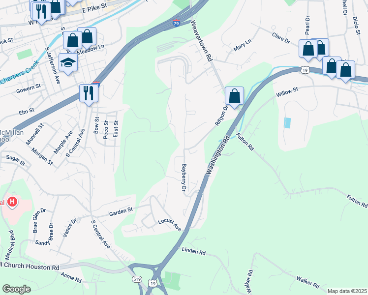 map of restaurants, bars, coffee shops, grocery stores, and more near Bayberry Drive in Canonsburg