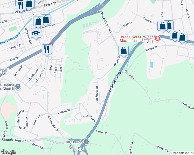map of restaurants, bars, coffee shops, grocery stores, and more near Bayberry Drive in Canonsburg