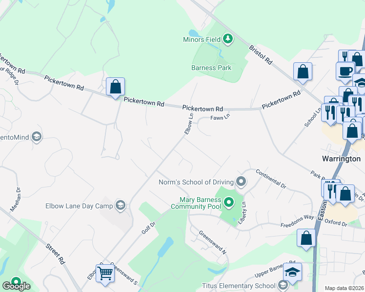 map of restaurants, bars, coffee shops, grocery stores, and more near 102 Sovereign Drive in Warrington