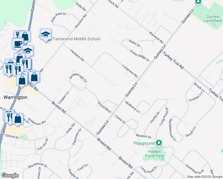map of restaurants, bars, coffee shops, grocery stores, and more near 1450 Guinea Lane in Warrington