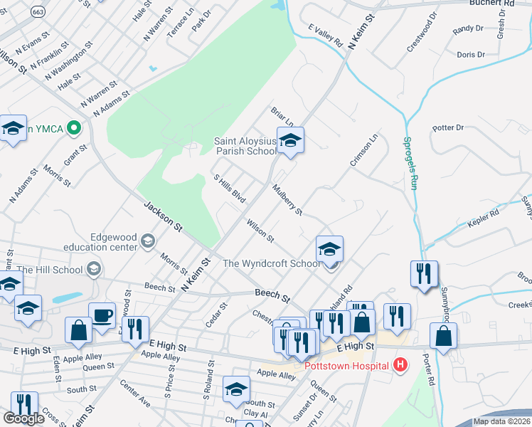 map of restaurants, bars, coffee shops, grocery stores, and more near 651 North Price Street in Pottstown