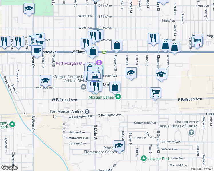 map of restaurants, bars, coffee shops, grocery stores, and more near 300 State Street in Fort Morgan
