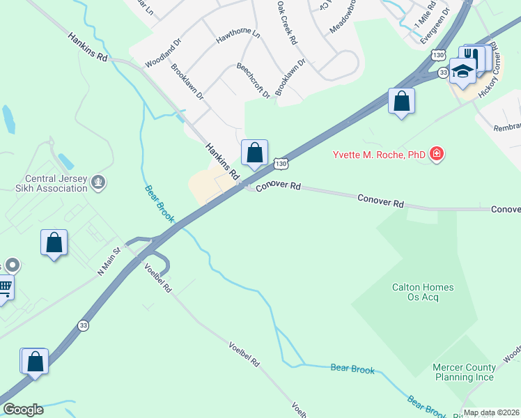 map of restaurants, bars, coffee shops, grocery stores, and more near 1409 U.S. 130 in Hightstown
