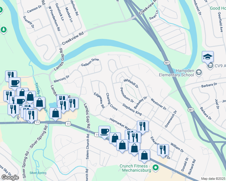 map of restaurants, bars, coffee shops, grocery stores, and more near 6363 Stephens Crossing in Mechanicsburg