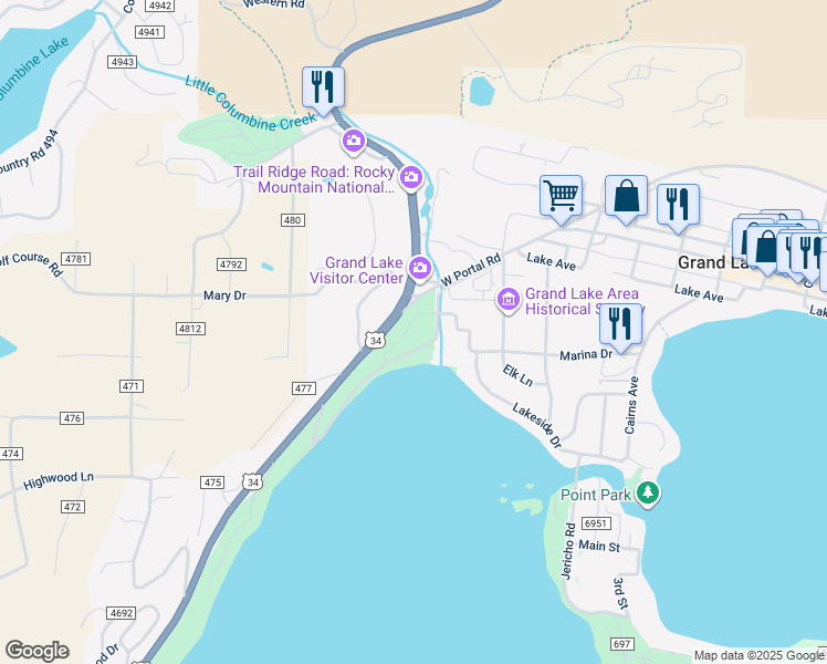 map of restaurants, bars, coffee shops, grocery stores, and more near 605 Lake Front Road in Grand Lake